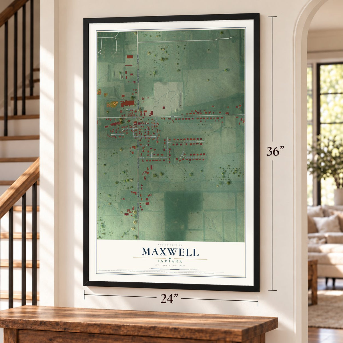 Maxwell, Indiana map, 24 x 36 inch print in a black frame by a staircase
