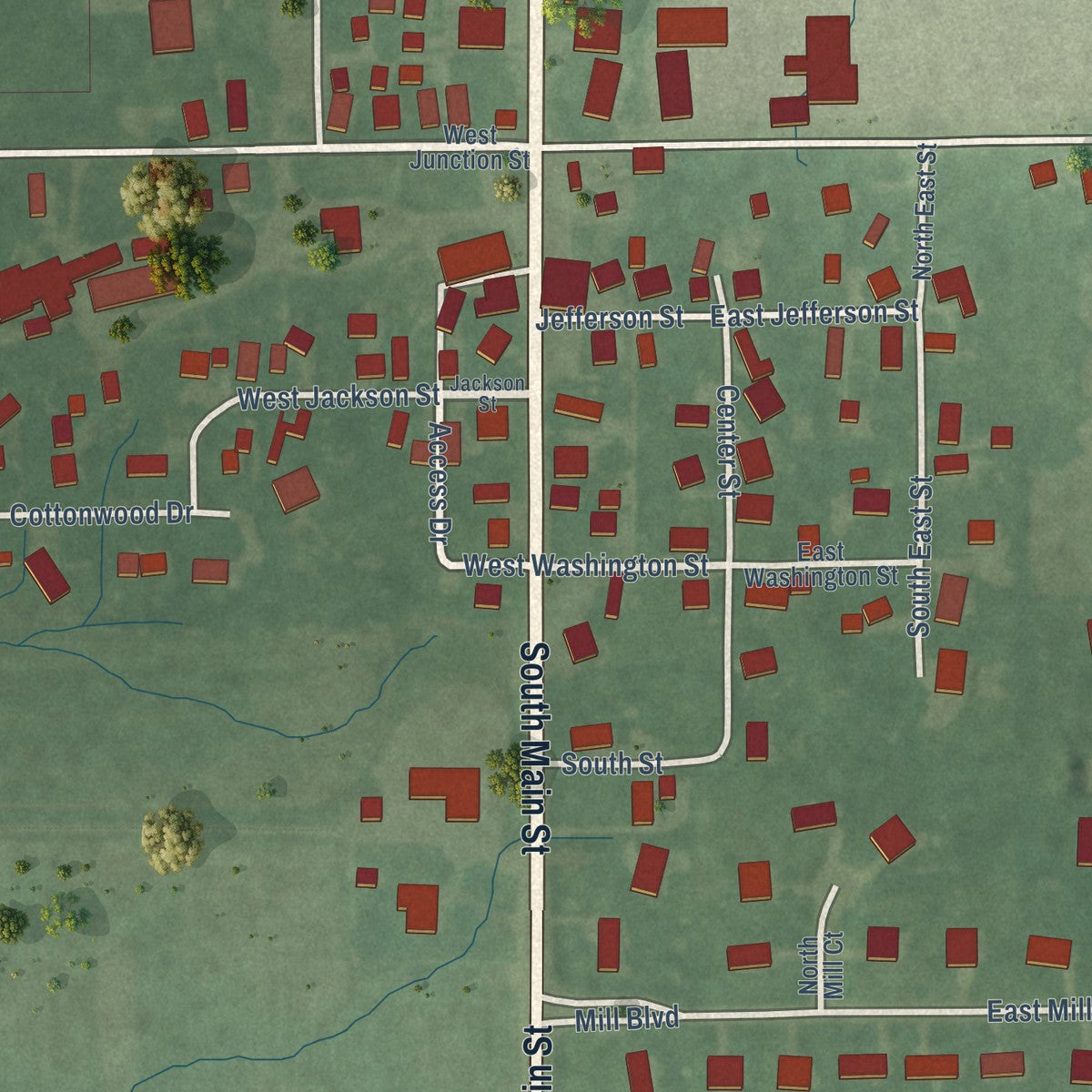 Close-up of the map of Maxwell, Indiana print showing street and building detail