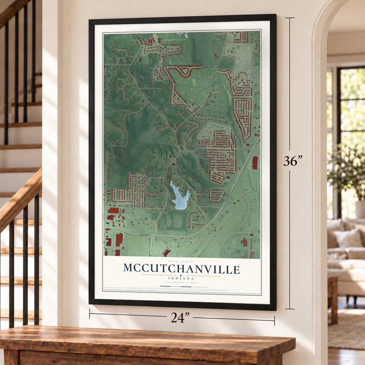 McCutchanville, Indiana map, 24 x 36 inch print in a black frame by a staircase