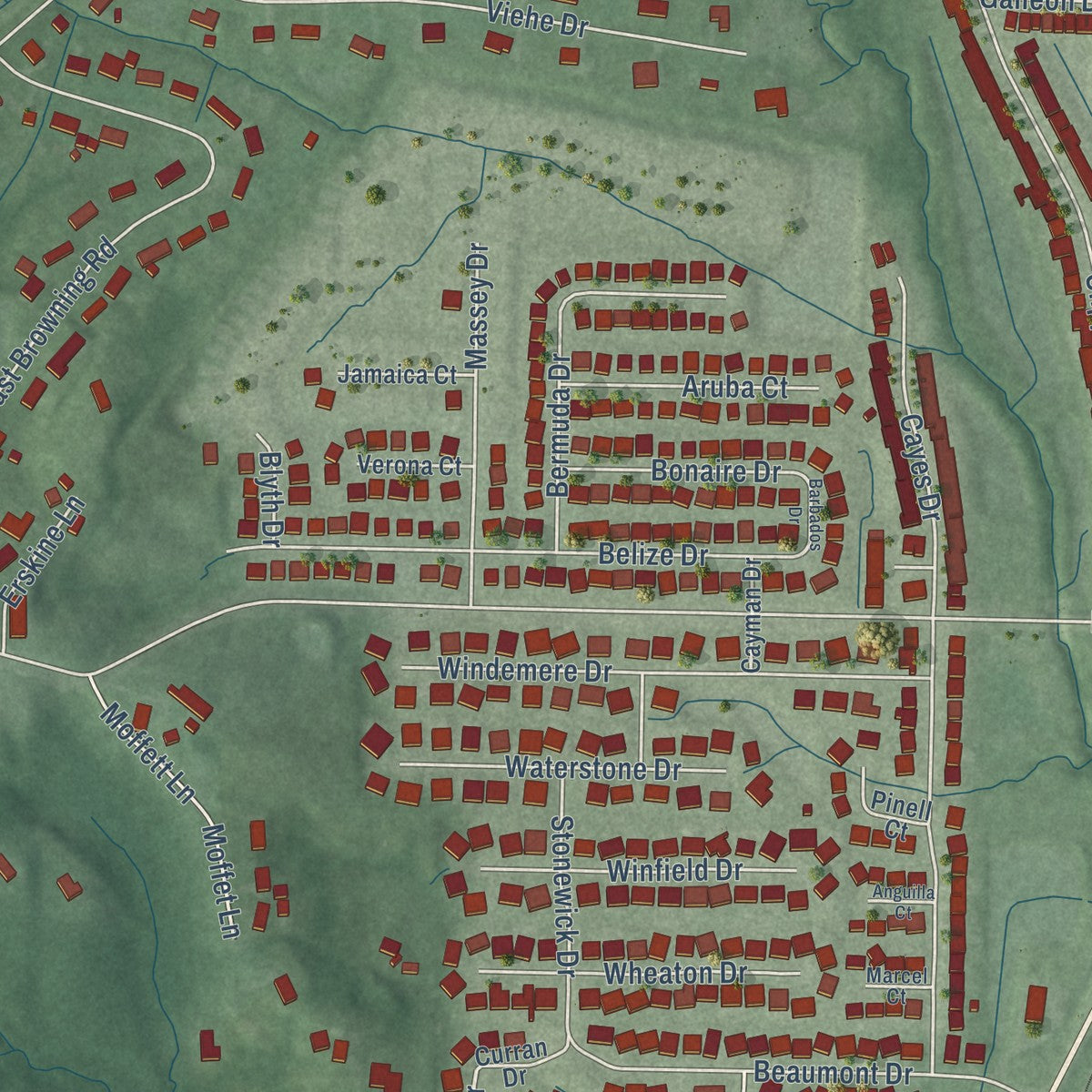 Close-up of the map of McCutchanville, Indiana print showing street and building detail