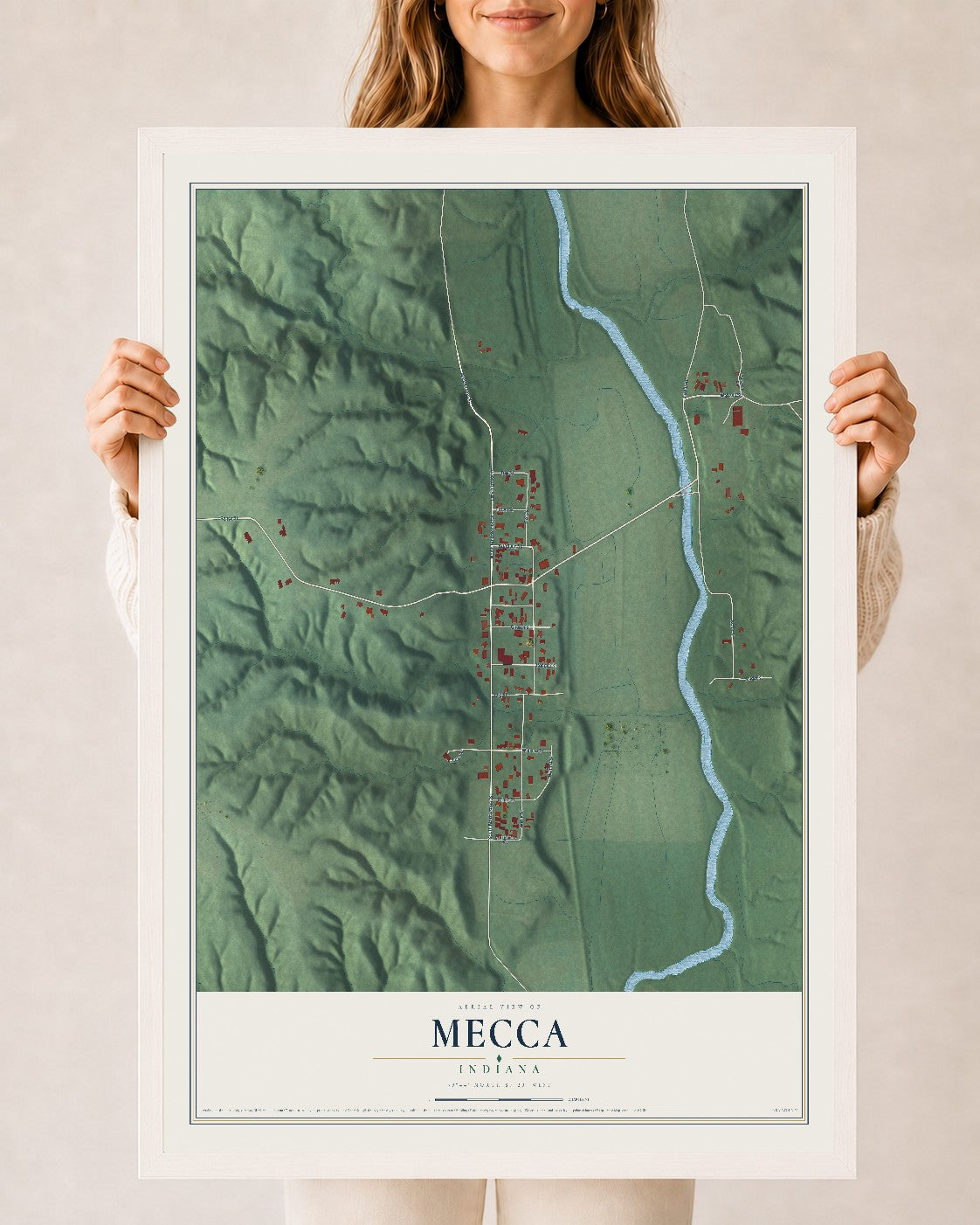 Map of Mecca, Indiana, 24 x 36 inch print in a white wood frame