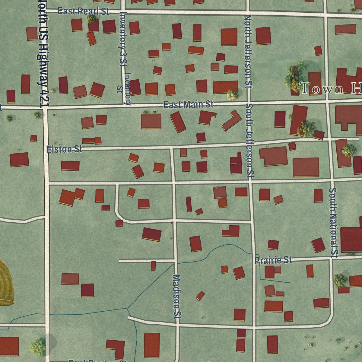 Close-up of the map of Medaryville, Indiana print showing street and building detail