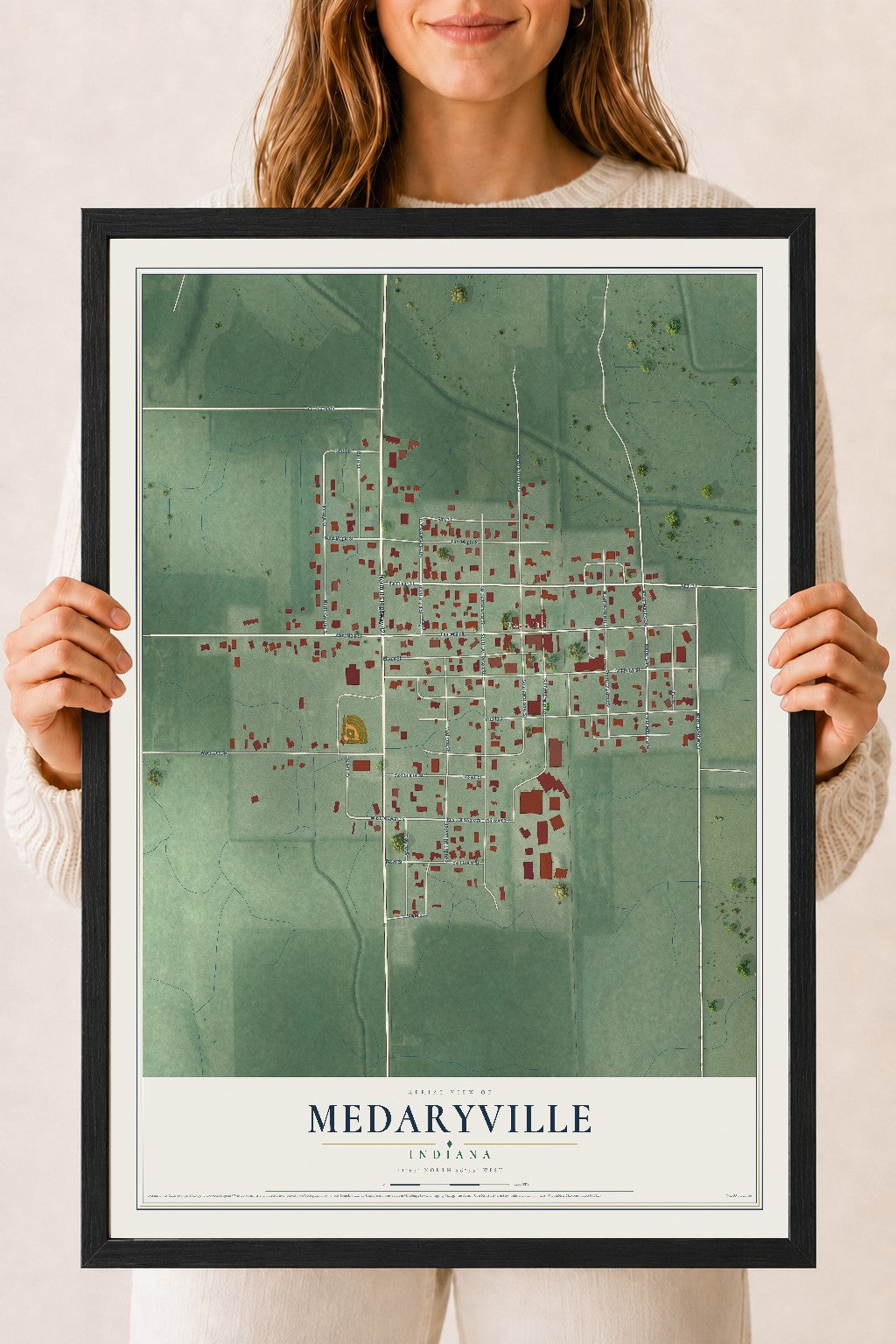 Map of Medaryville, Indiana, 18 x 24 inch print in a black wood frame