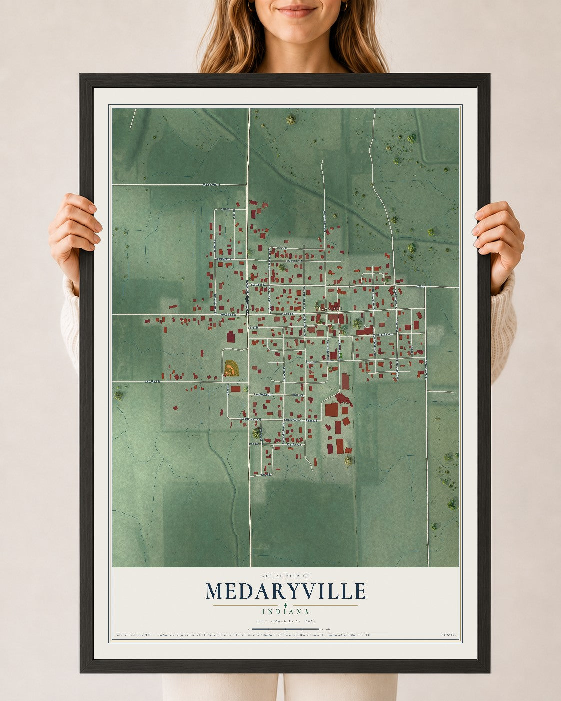 Map of Medaryville, Indiana, 24 x 36 inch print in a black wood frame