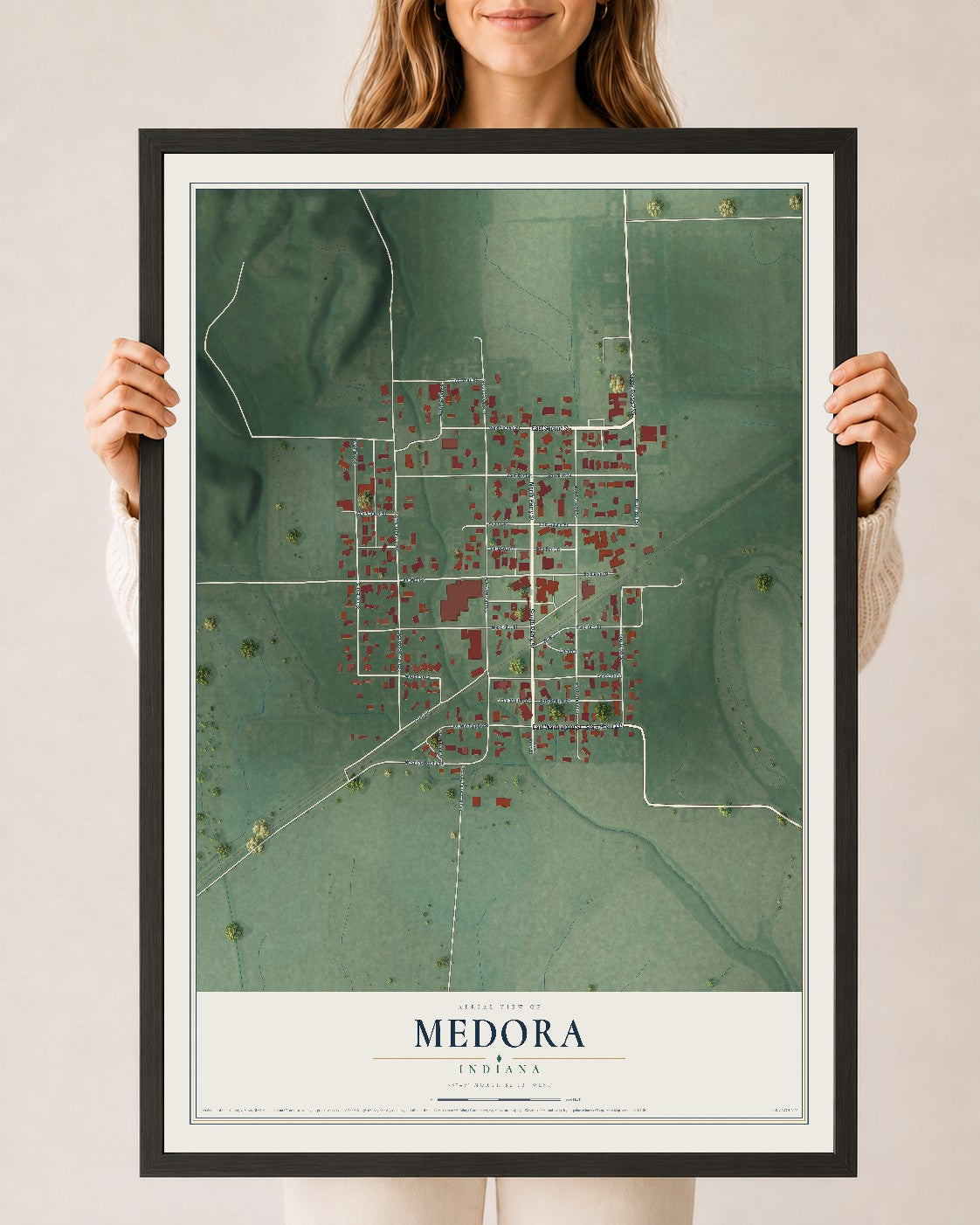 Map of Medora, Indiana, 24 x 36 inch print in a black wood frame