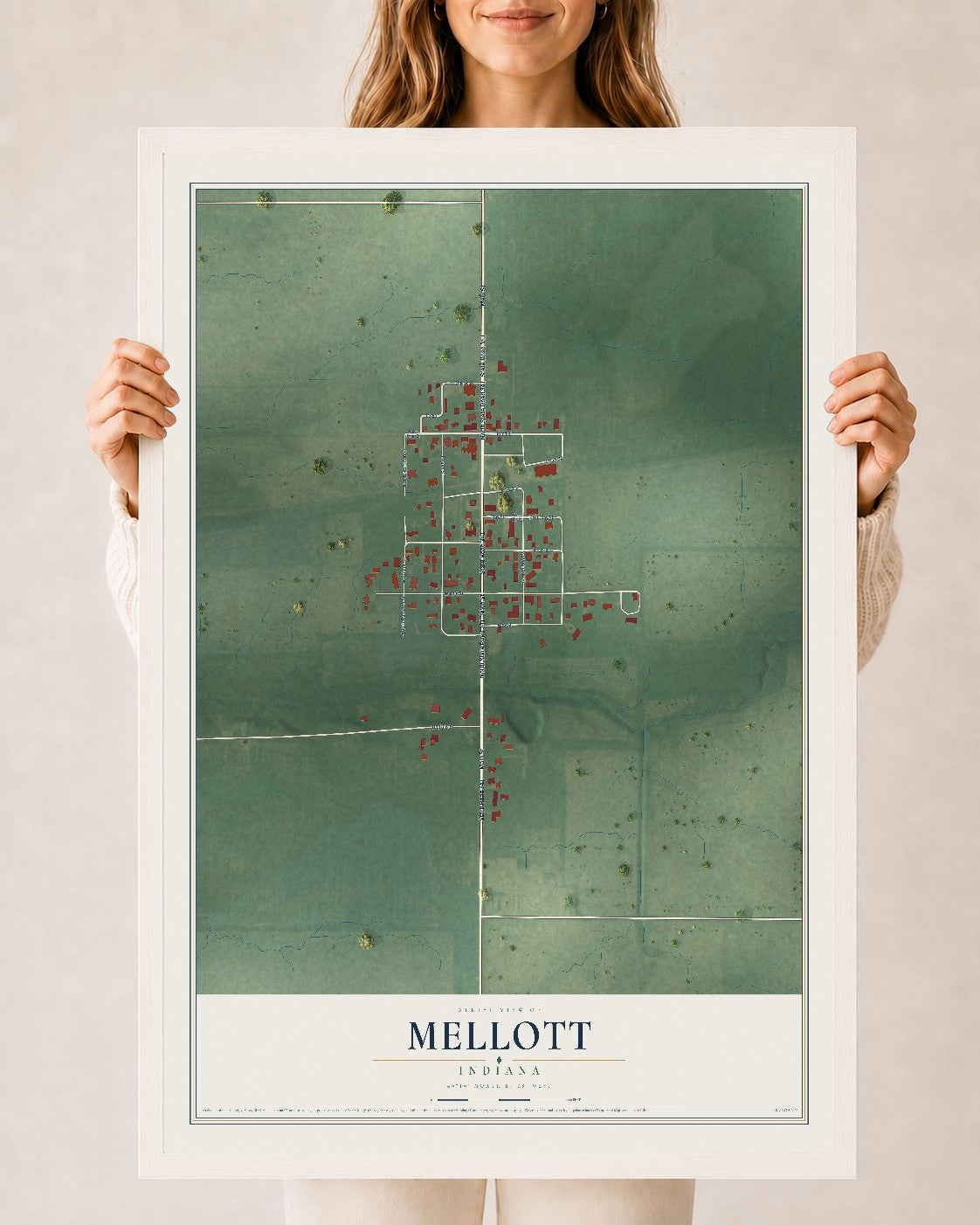 Map of Mellott, Indiana, 24 x 36 inch print in a white wood frame