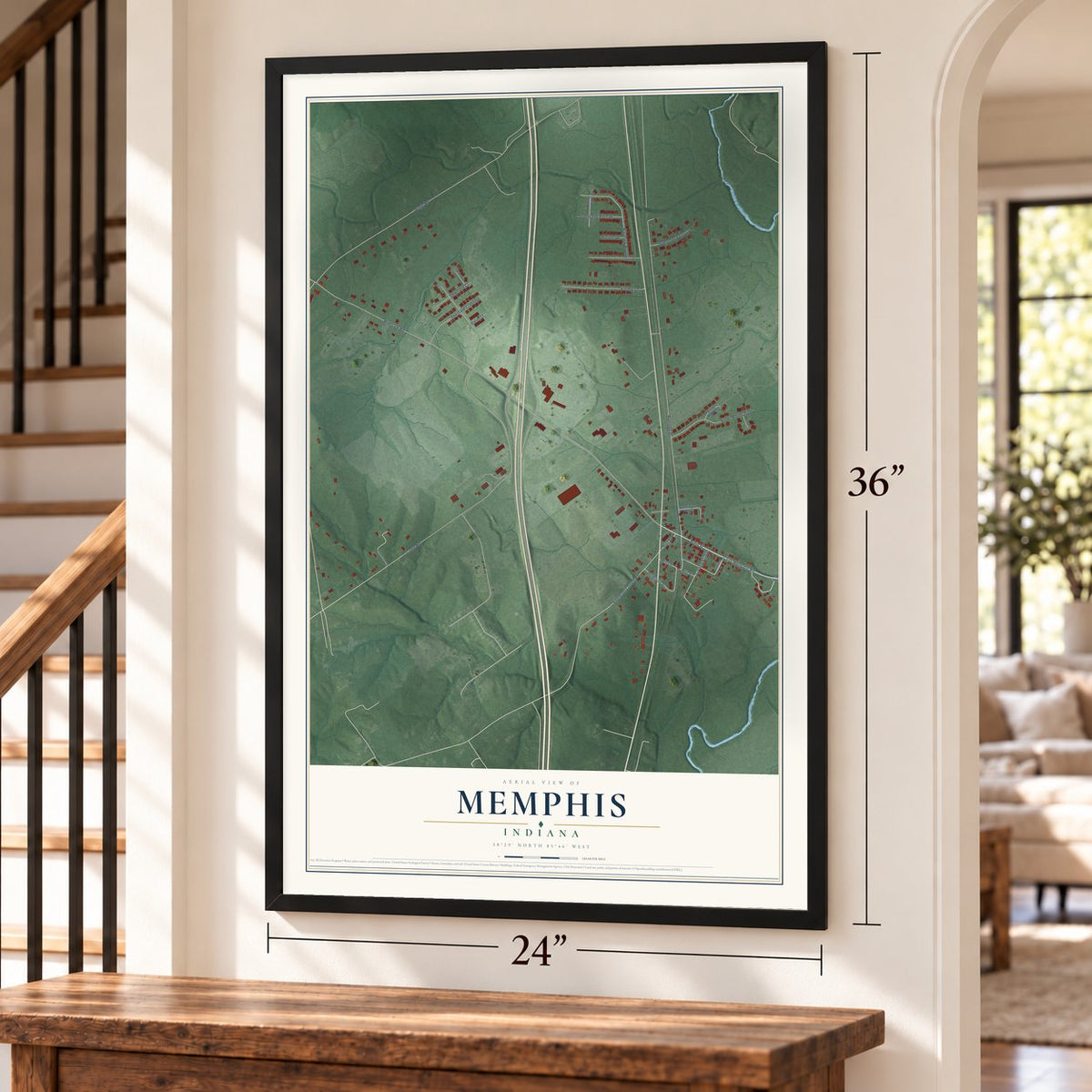 Memphis, Indiana map, 24 x 36 inch print in a black frame by a staircase