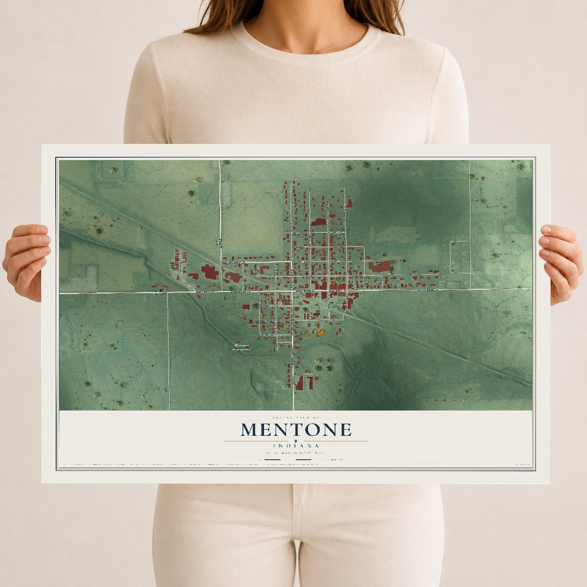 Map of Mentone, Indiana, 12 x 18 inch unframed archival matte print