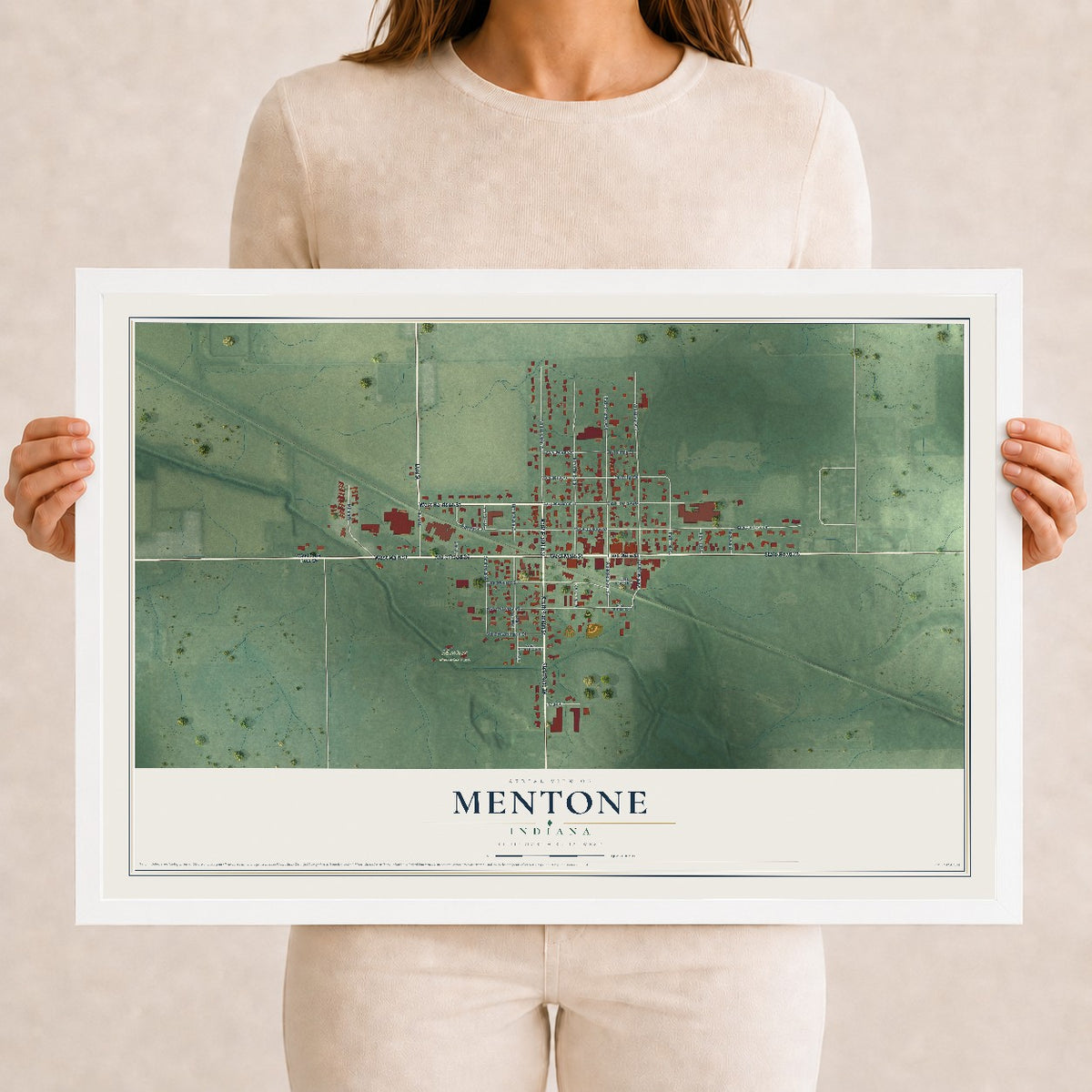 Map of Mentone, Indiana, 12 x 18 inch print in a white wood frame