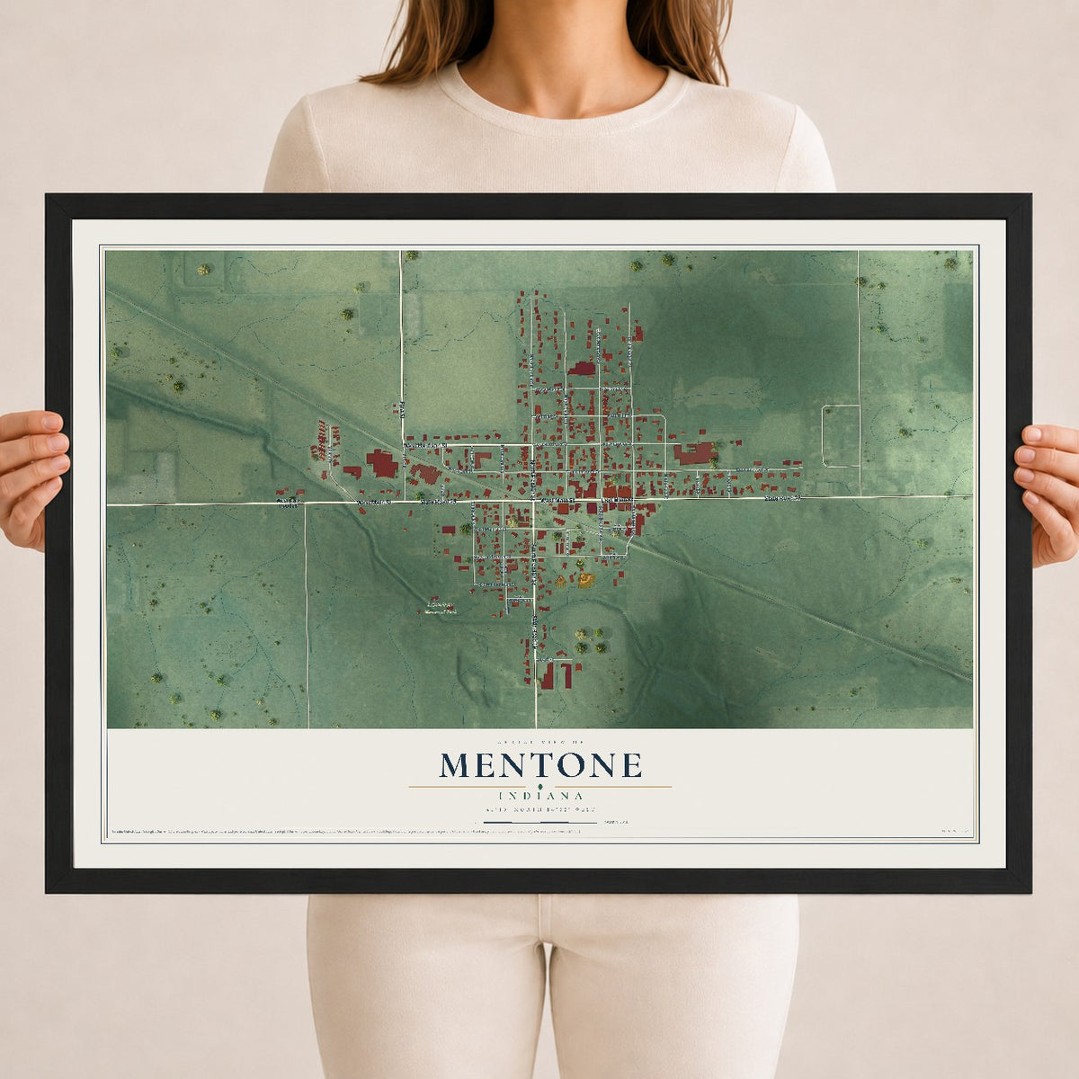 Map of Mentone, Indiana, 18 x 24 inch print in a black wood frame