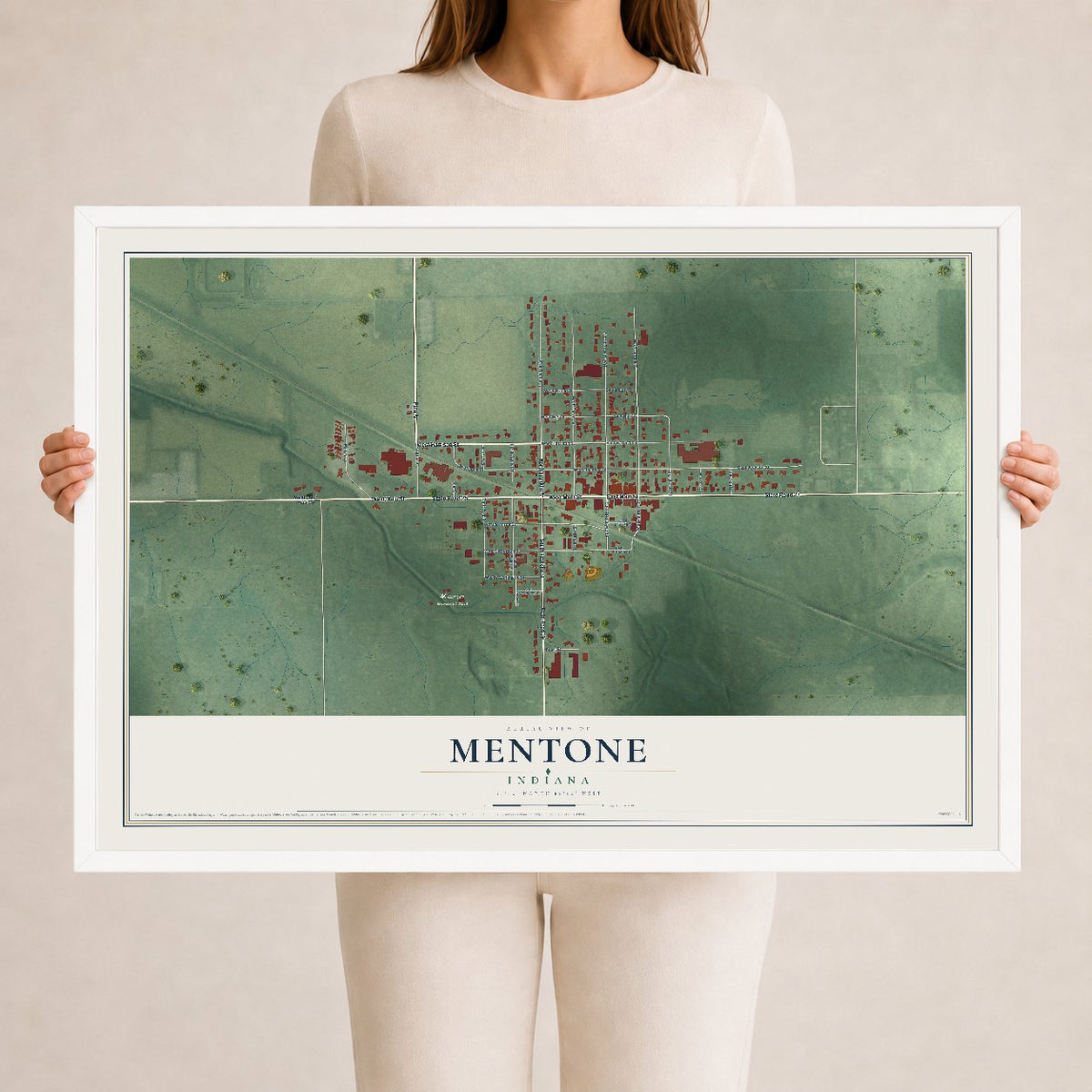 Map of Mentone, Indiana, 24 x 36 inch print in a white wood frame