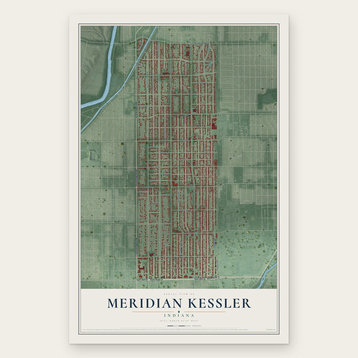 Meridian Kessler, Indiana map print, the full design