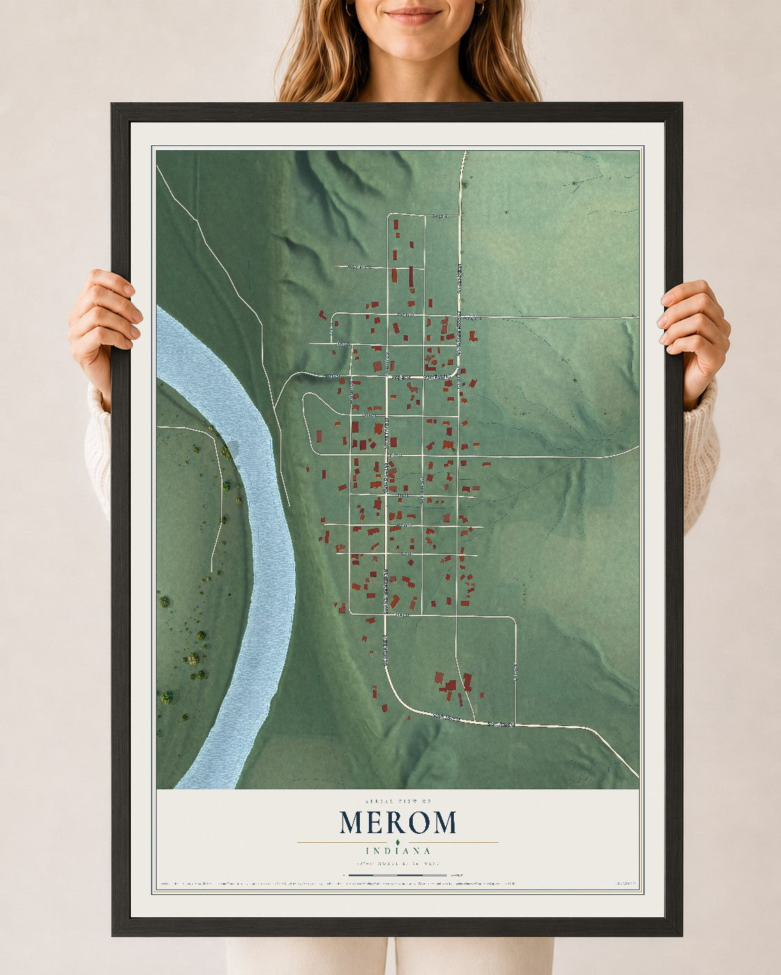 Map of Merom, Indiana, 24 x 36 inch print in a black wood frame