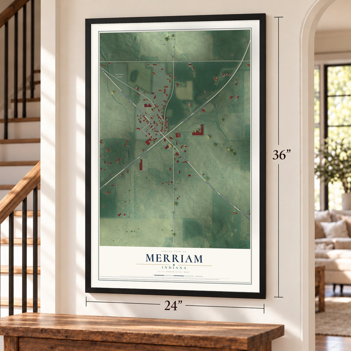 Merriam, Indiana map, 24 x 36 inch print in a black frame by a staircase