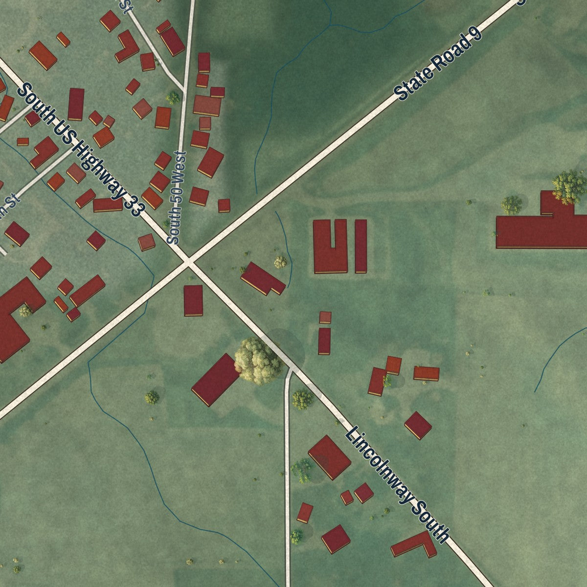 Close-up of the map of Merriam, Indiana print showing street and building detail
