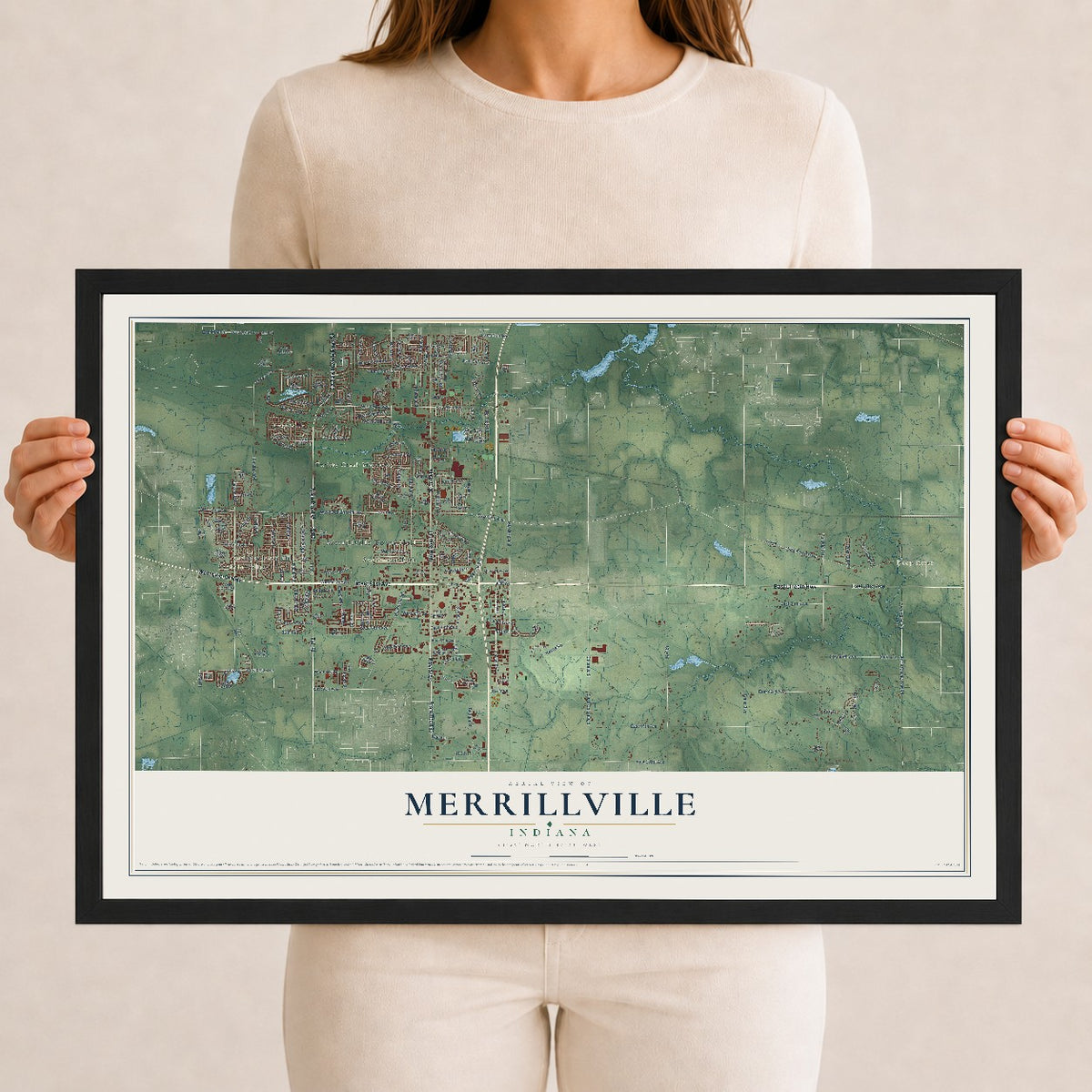 Map of Merrillville, Indiana, 12 x 18 inch print in a black wood frame