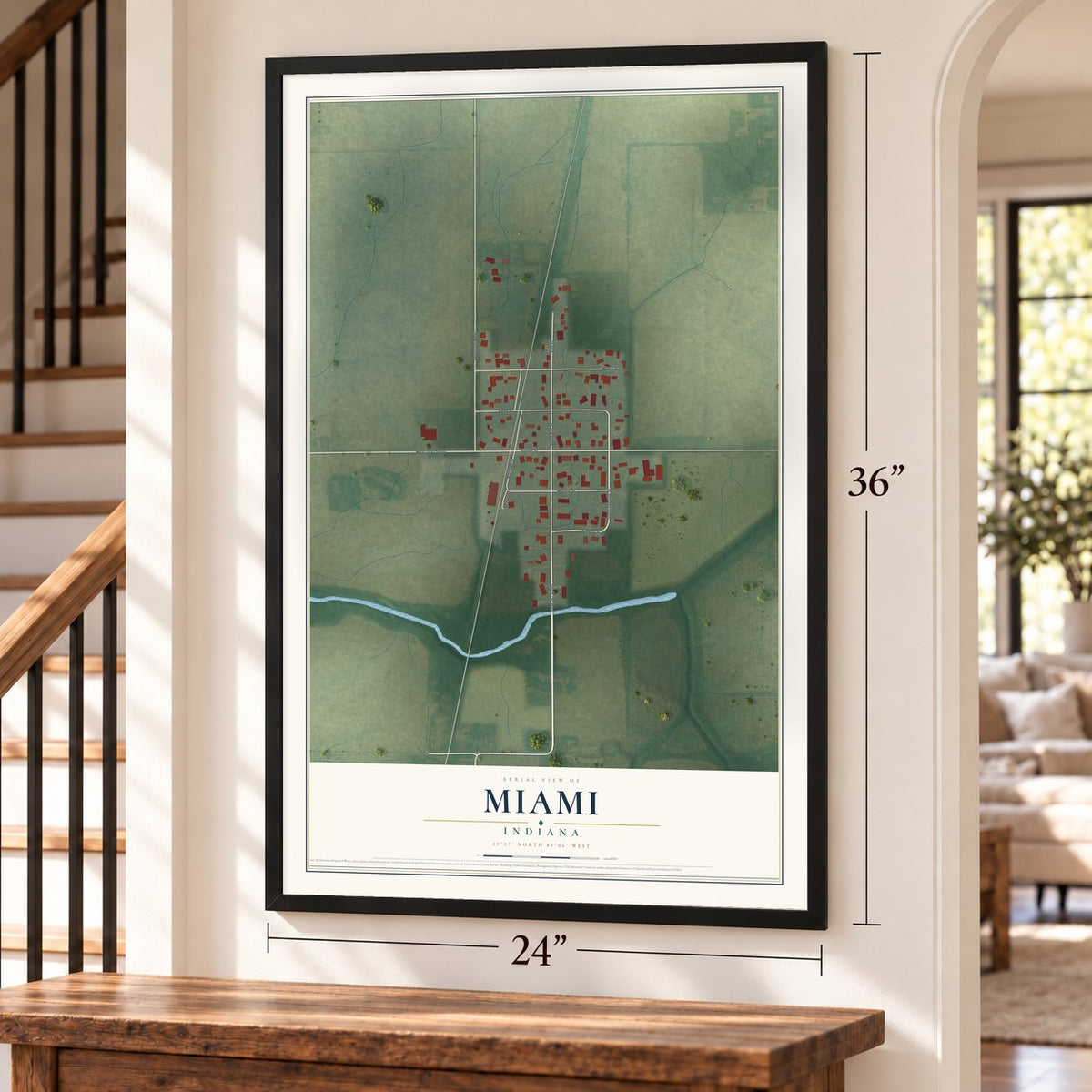 Miami, Indiana map, 24 x 36 inch print in a black frame by a staircase