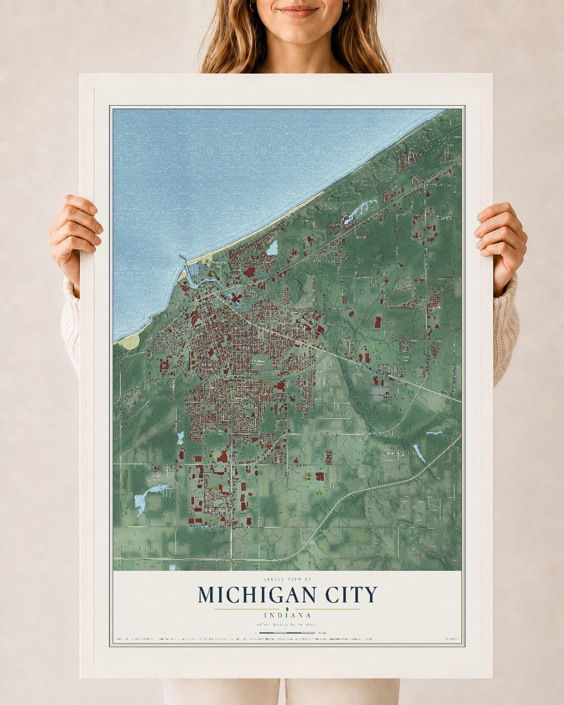 Map of Michigan City, Indiana, 24 x 36 inch print in a white wood frame