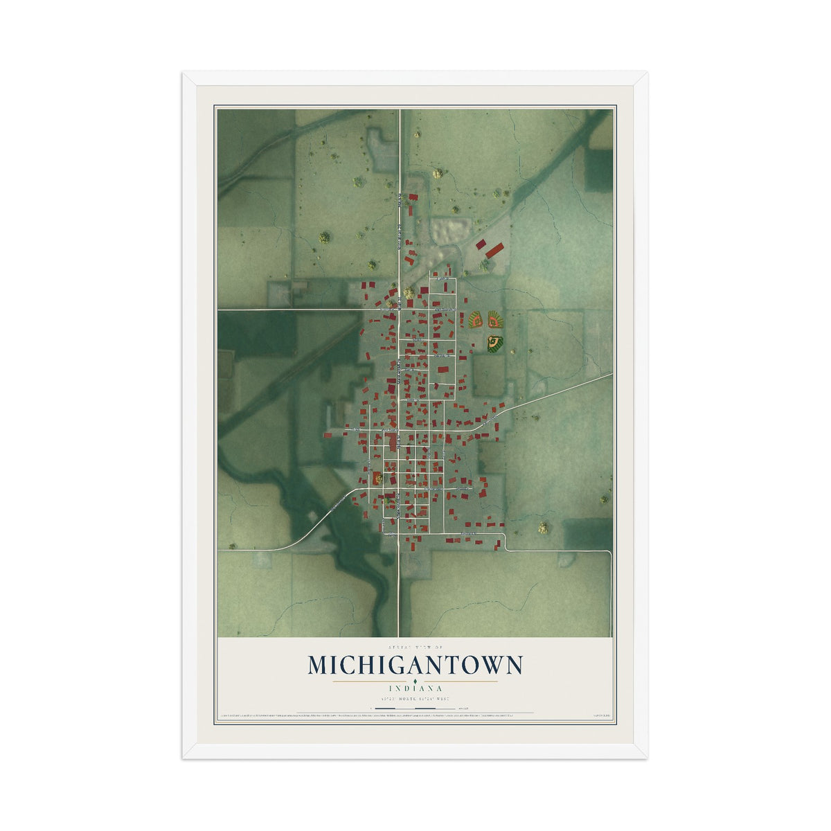 Map of Michigantown, Indiana, 12 x 18 inch print in a white wood frame