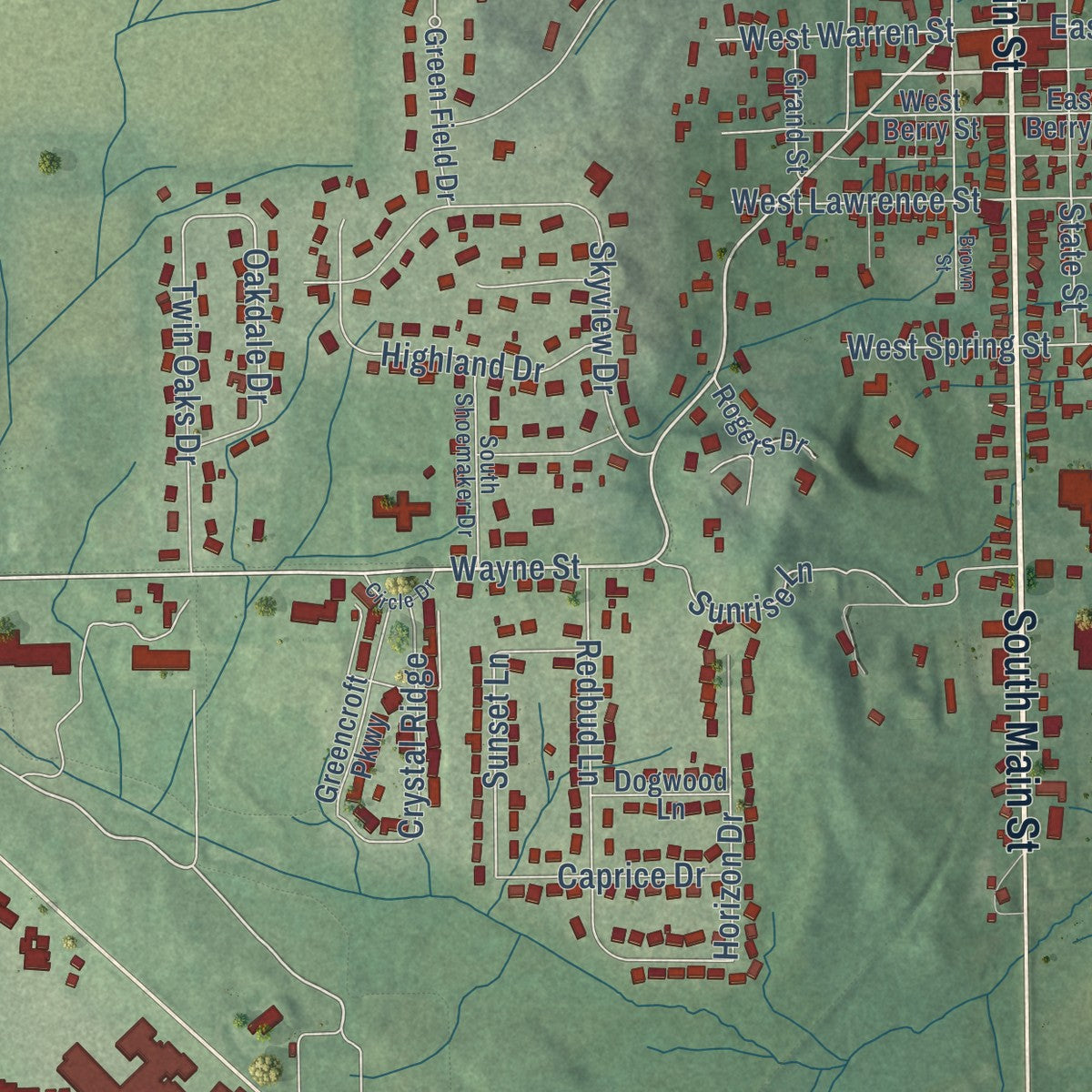 Close-up of the map of Middlebury, Indiana print showing street and building detail