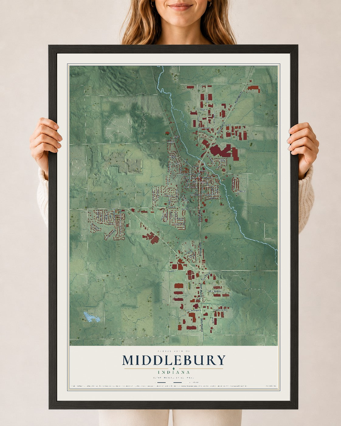 Map of Middlebury, Indiana, 24 x 36 inch print in a black wood frame