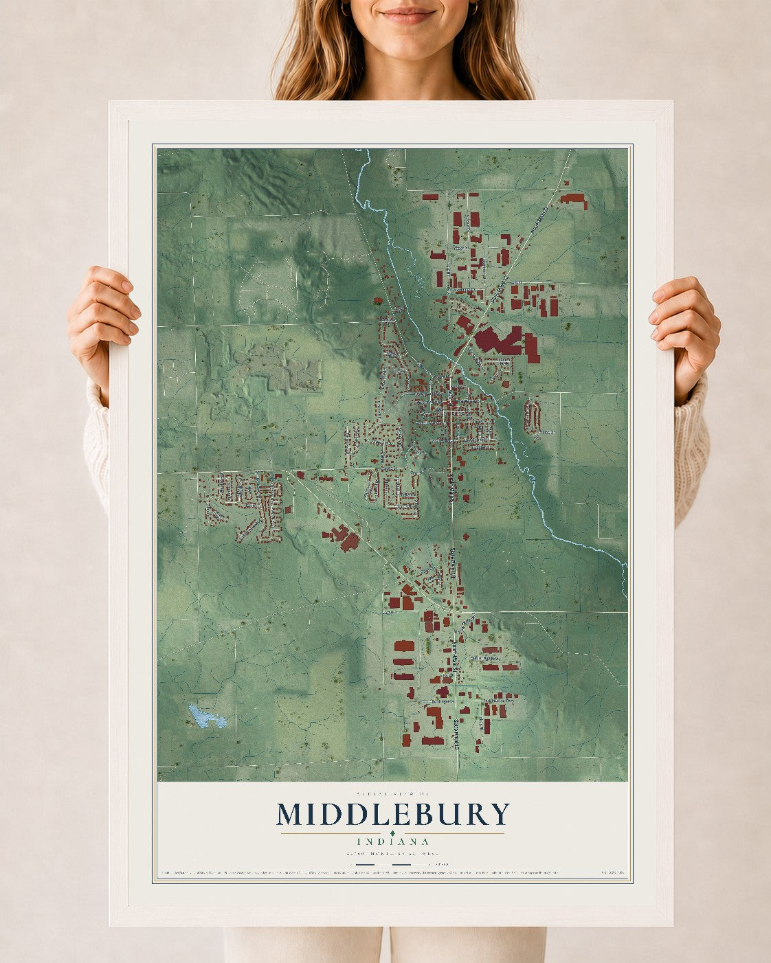 Map of Middlebury, Indiana, 24 x 36 inch print in a white wood frame