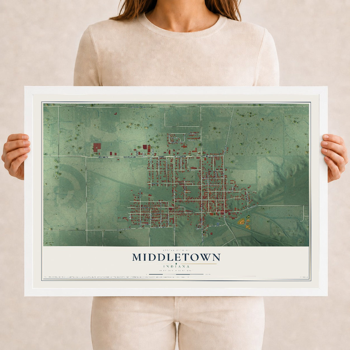 Map of Middletown, Indiana, 12 x 18 inch print in a white wood frame