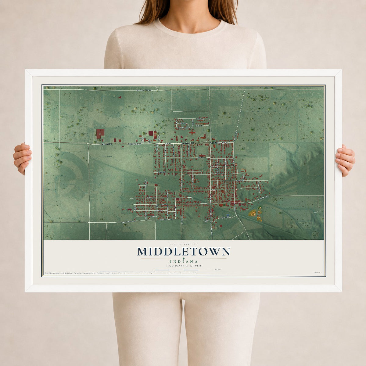 Map of Middletown, Indiana, 24 x 36 inch print in a white wood frame