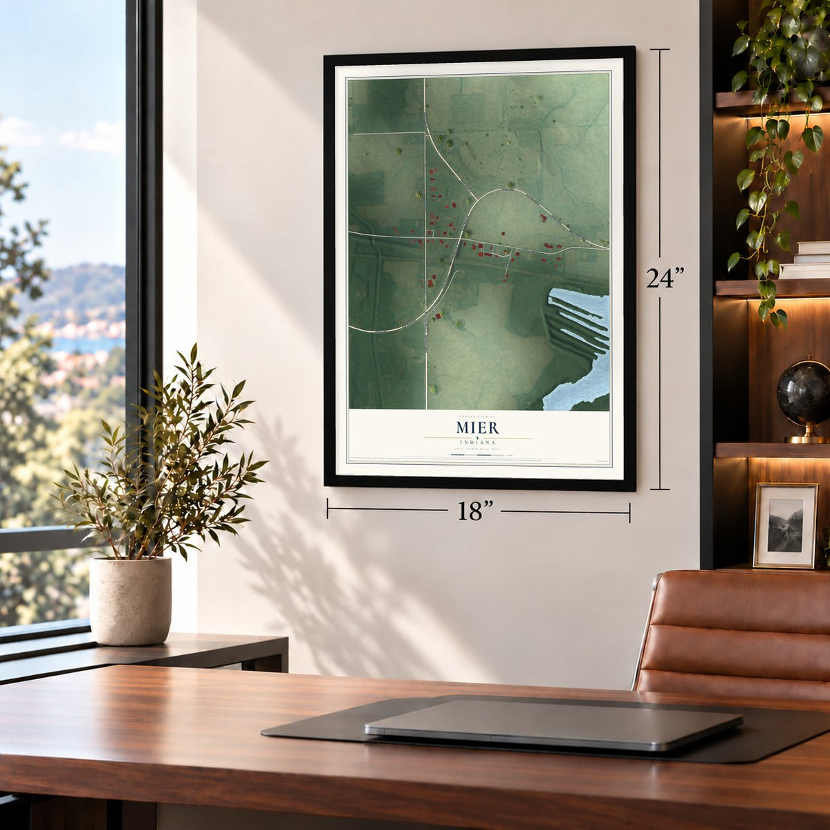 Mier, Indiana map, 18 x 24 inch print in a black frame in a home office