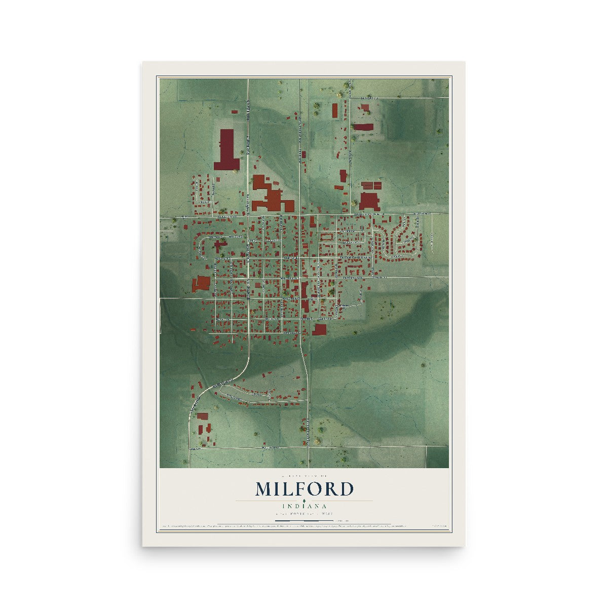 Map of Milford, Indiana, 12 x 18 inch unframed archival matte print