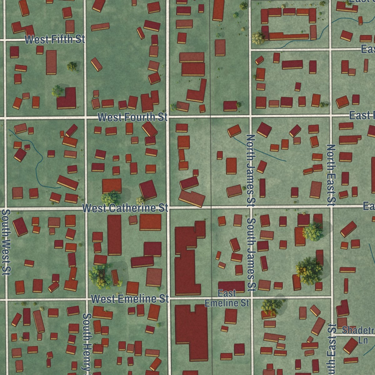 Close-up of the map of Milford, Indiana print showing street and building detail