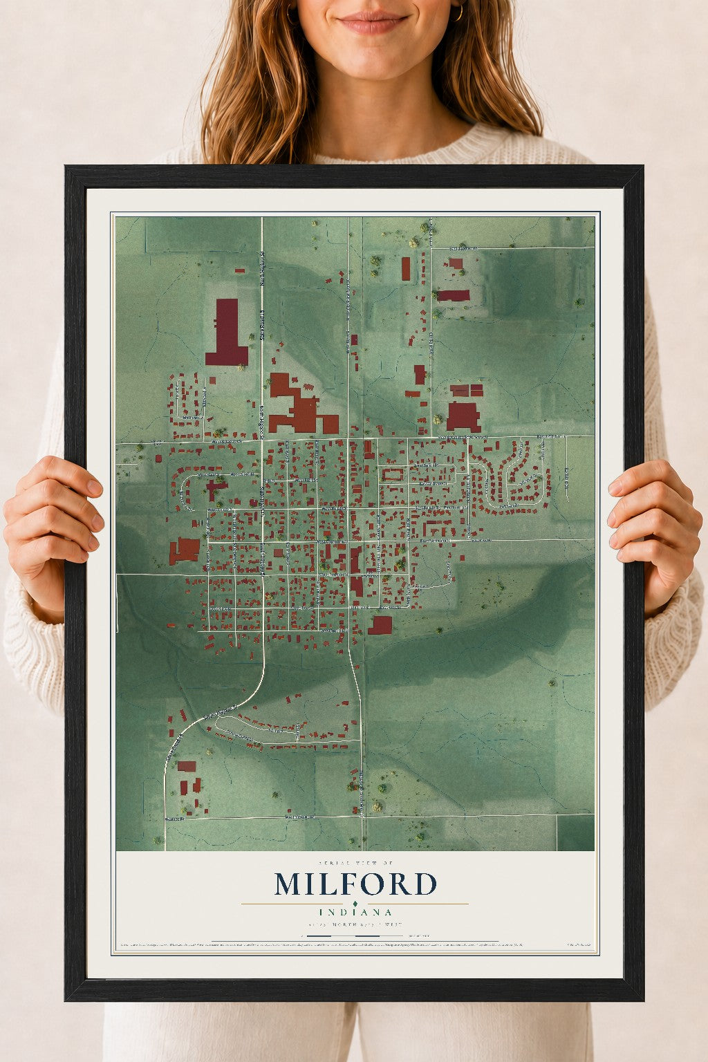 Map of Milford, Indiana, 18 x 24 inch print in a black wood frame