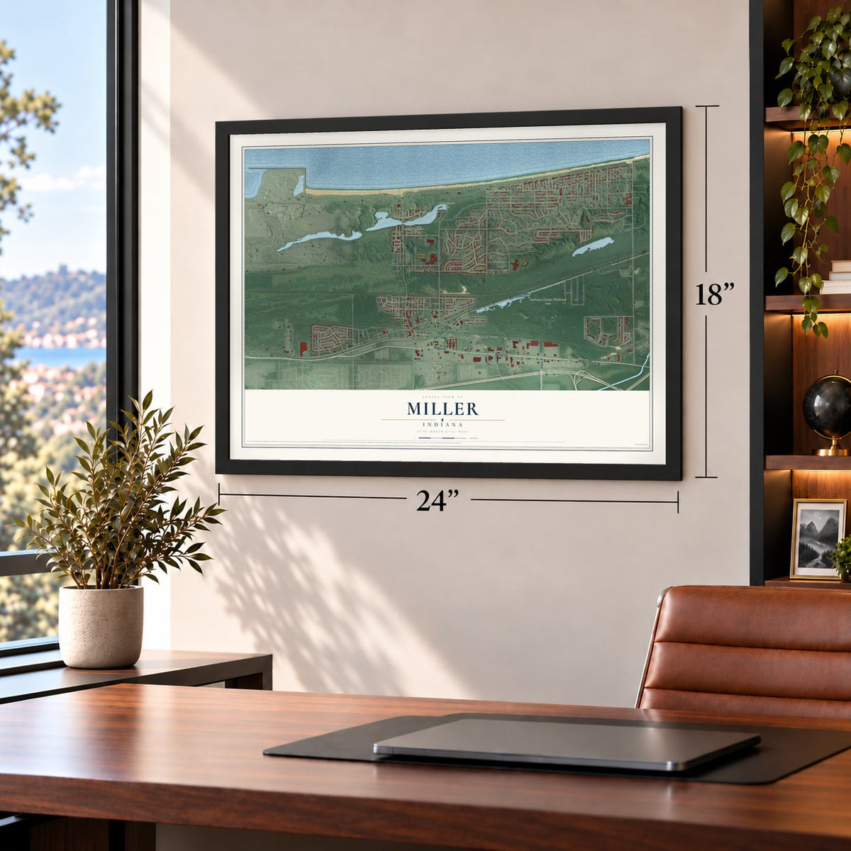 Miller, Indiana map, 18 x 24 inch print in a black frame in a home office