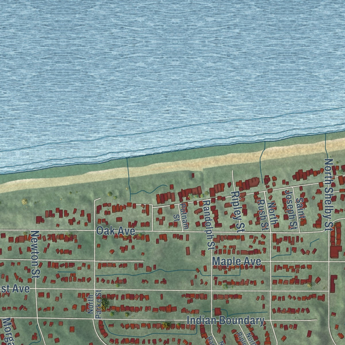 Close-up of the map of Miller, Indiana print showing street and building detail