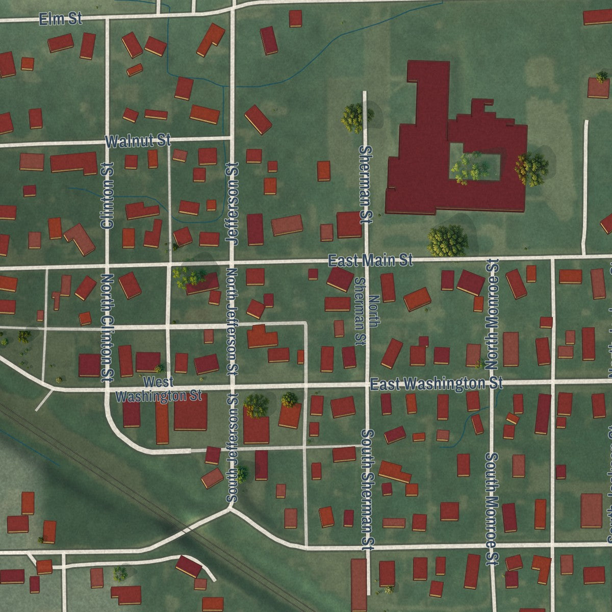 Close-up of the map of Millersburg, Indiana print showing street and building detail