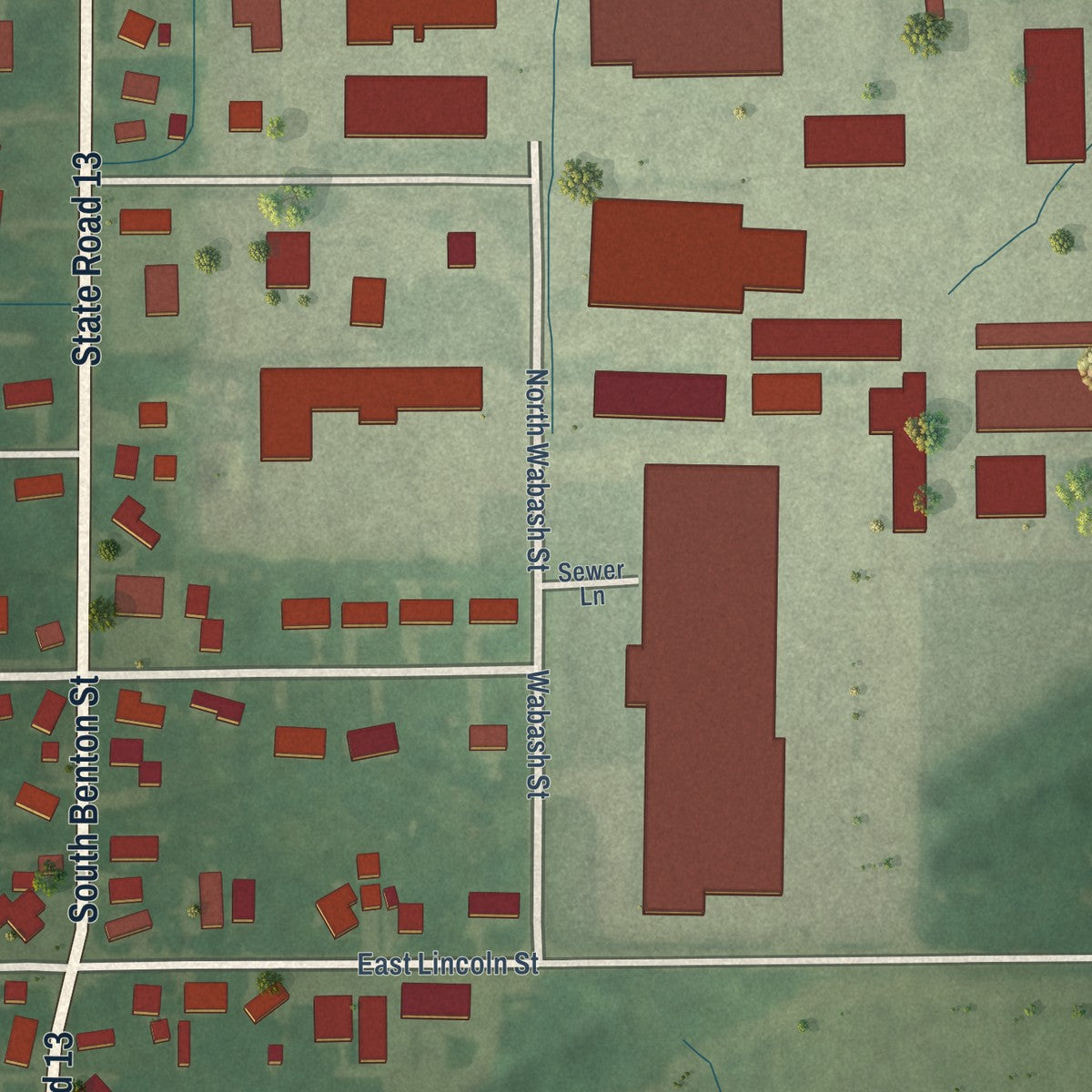 Second close-up of the map of Millersburg, Indiana print showing more streets and buildings