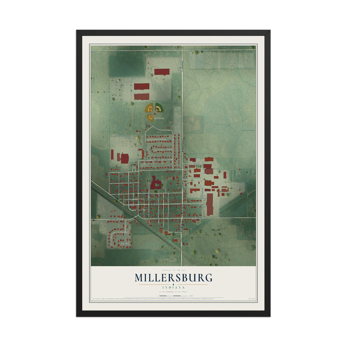 Map of Millersburg, Indiana, 12 x 18 inch print in a black wood frame