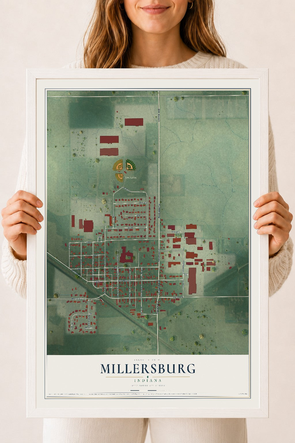 Map of Millersburg, Indiana, 18 x 24 inch print in a white wood frame