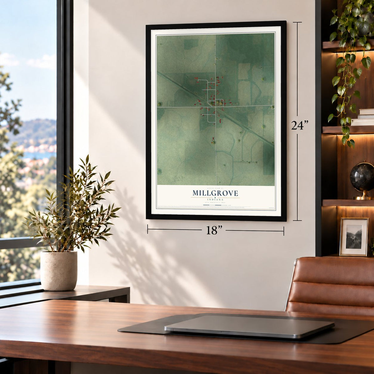 Millgrove, Indiana map, 18 x 24 inch print in a black frame in a home office