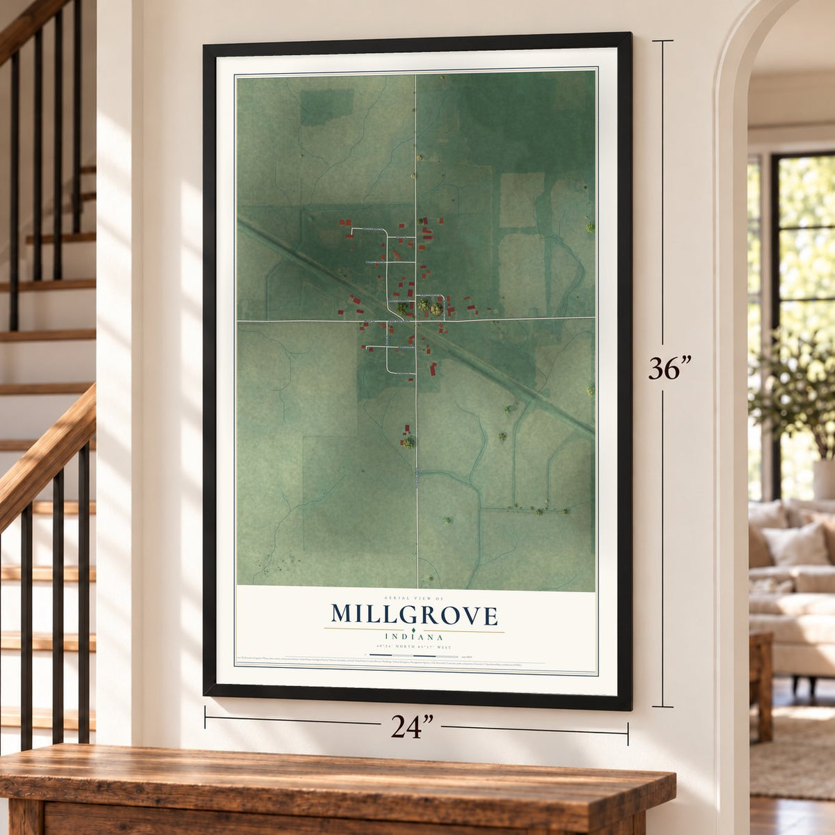 Millgrove, Indiana map, 24 x 36 inch print in a black frame by a staircase