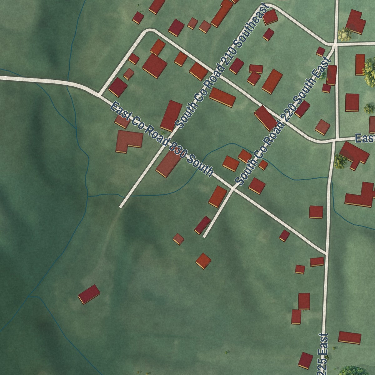 Close-up of the map of Millhousen, Indiana print showing street and building detail