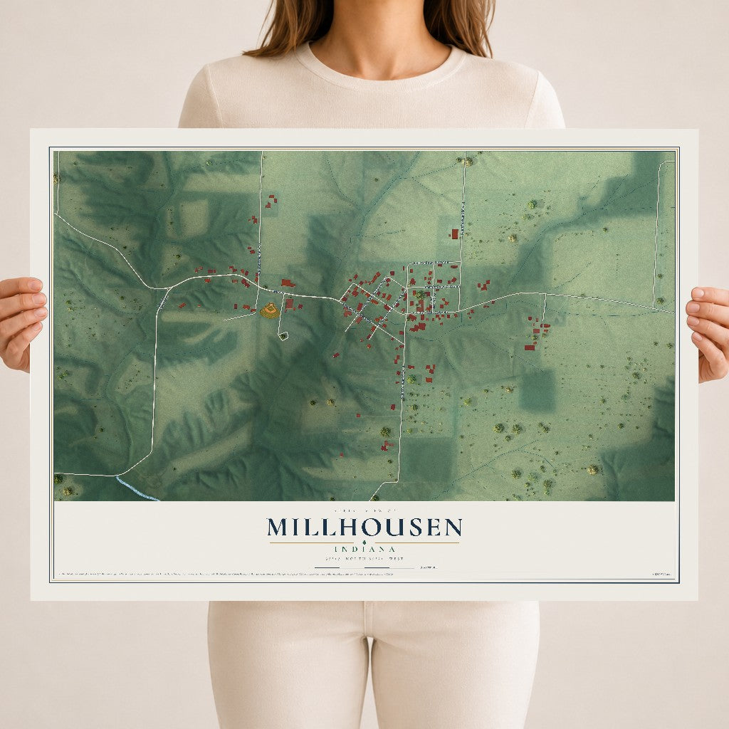 Map of Millhousen, Indiana, 18 x 24 inch unframed archival matte print