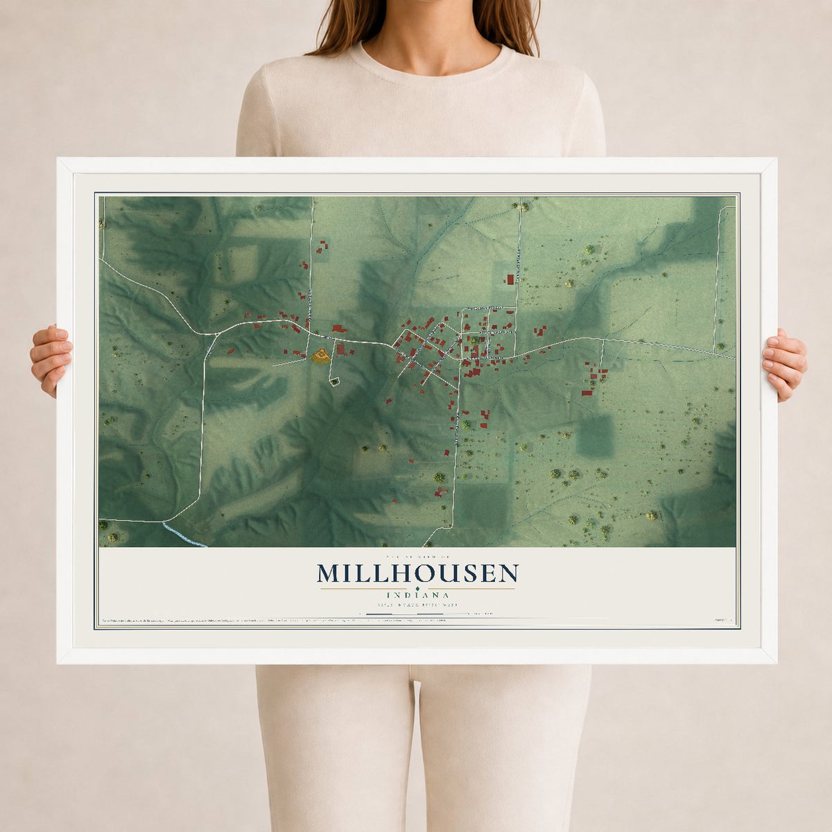Map of Millhousen, Indiana, 24 x 36 inch print in a white wood frame