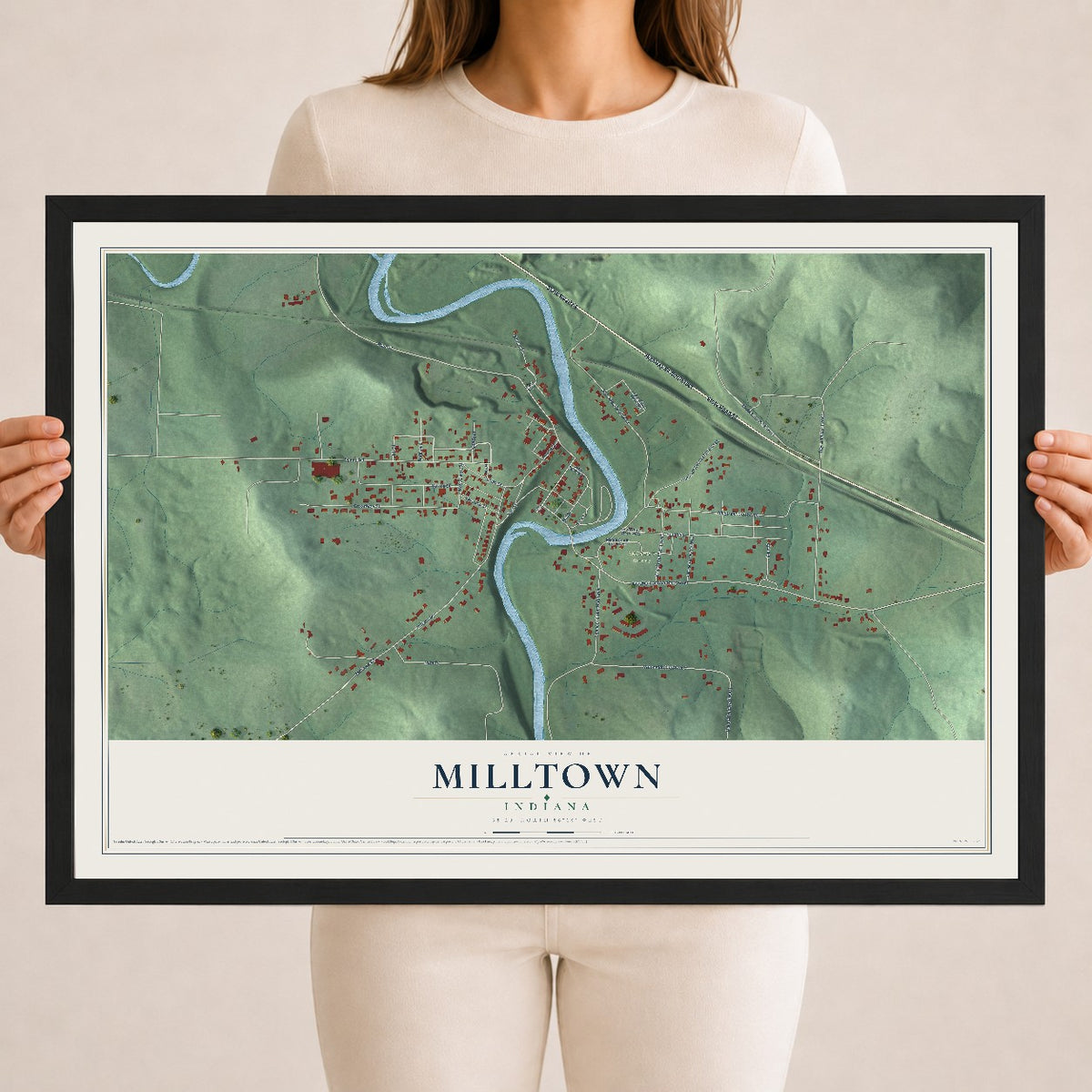 Map of Milltown, Indiana, 18 x 24 inch print in a black wood frame