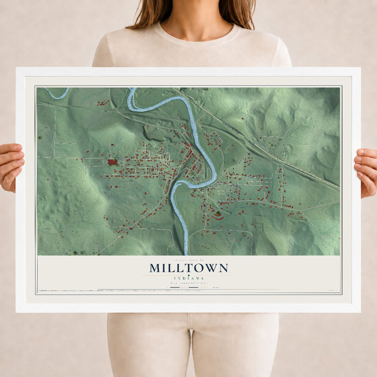 Map of Milltown, Indiana, 18 x 24 inch print in a white wood frame