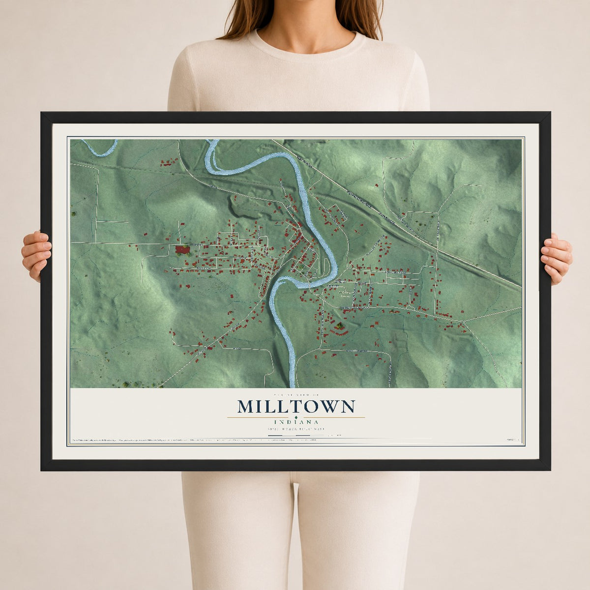 Map of Milltown, Indiana, 24 x 36 inch print in a black wood frame