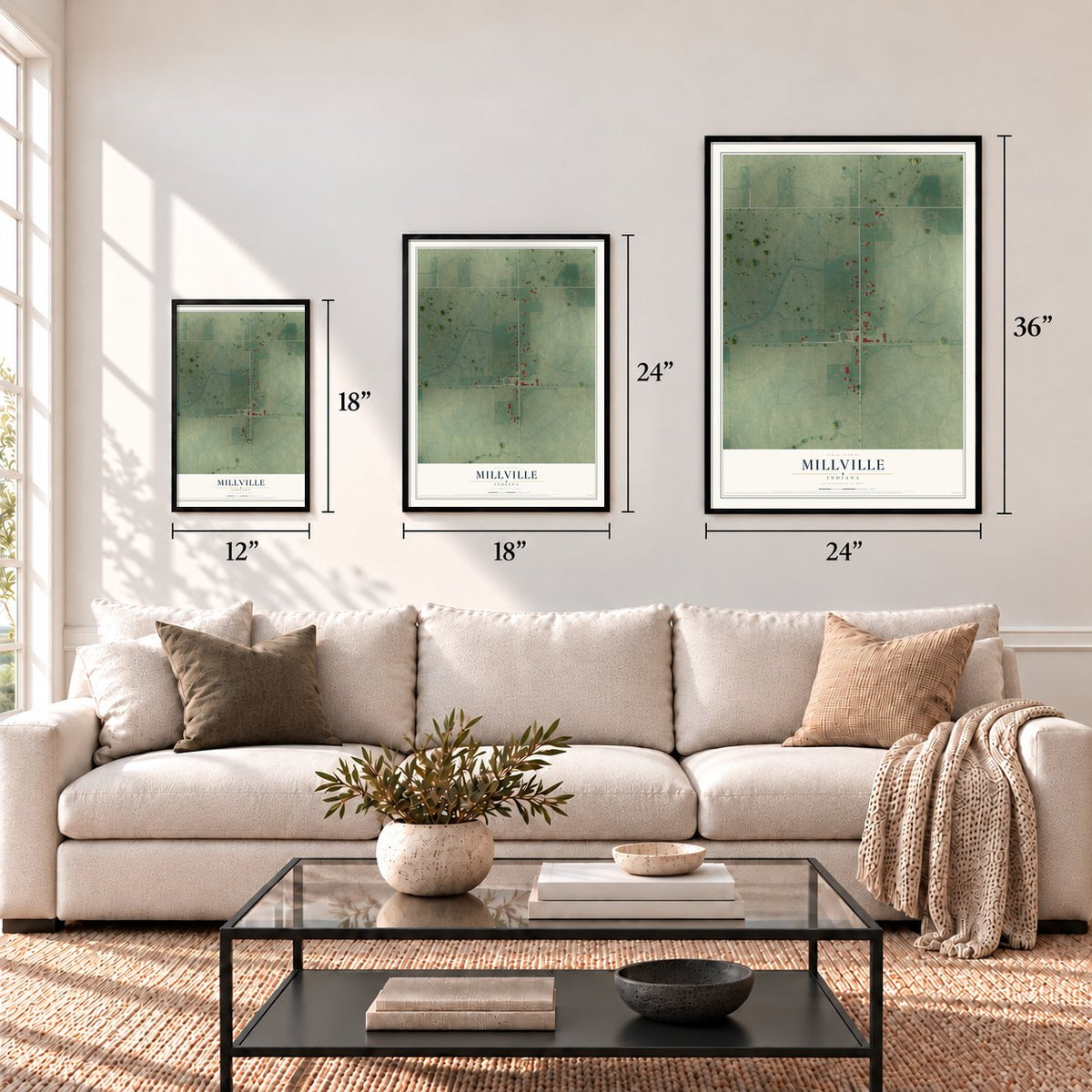 Millville, Indiana map in 12 x 18, 18 x 24 and 24 x 36 inch sizes above a sofa