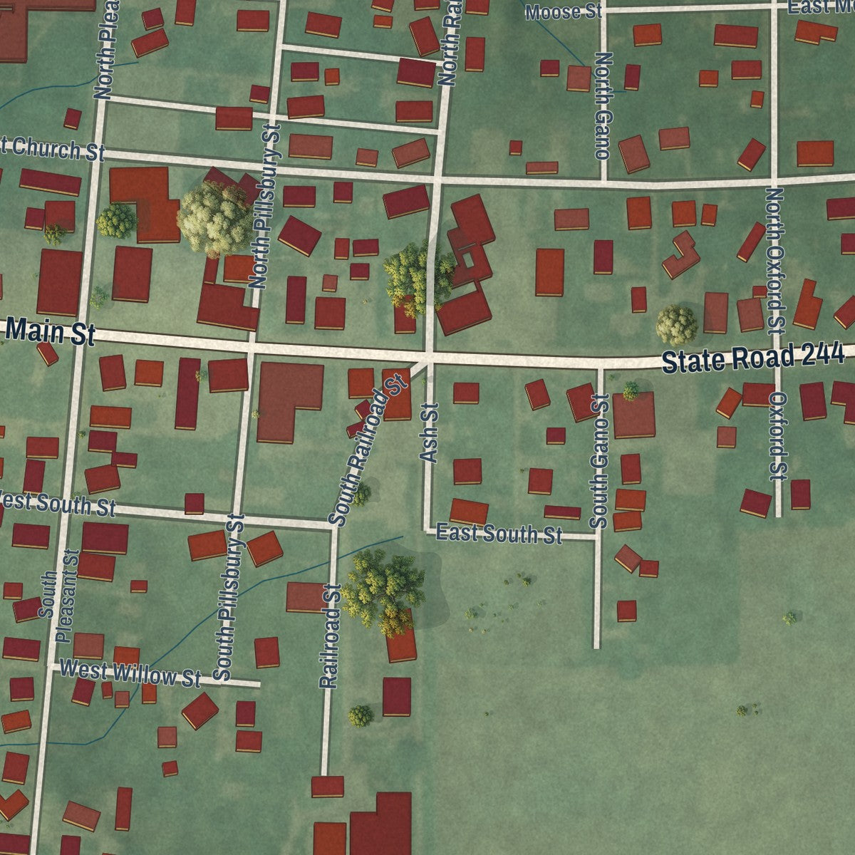 Close-up of the map of Milroy, Indiana print showing street and building detail