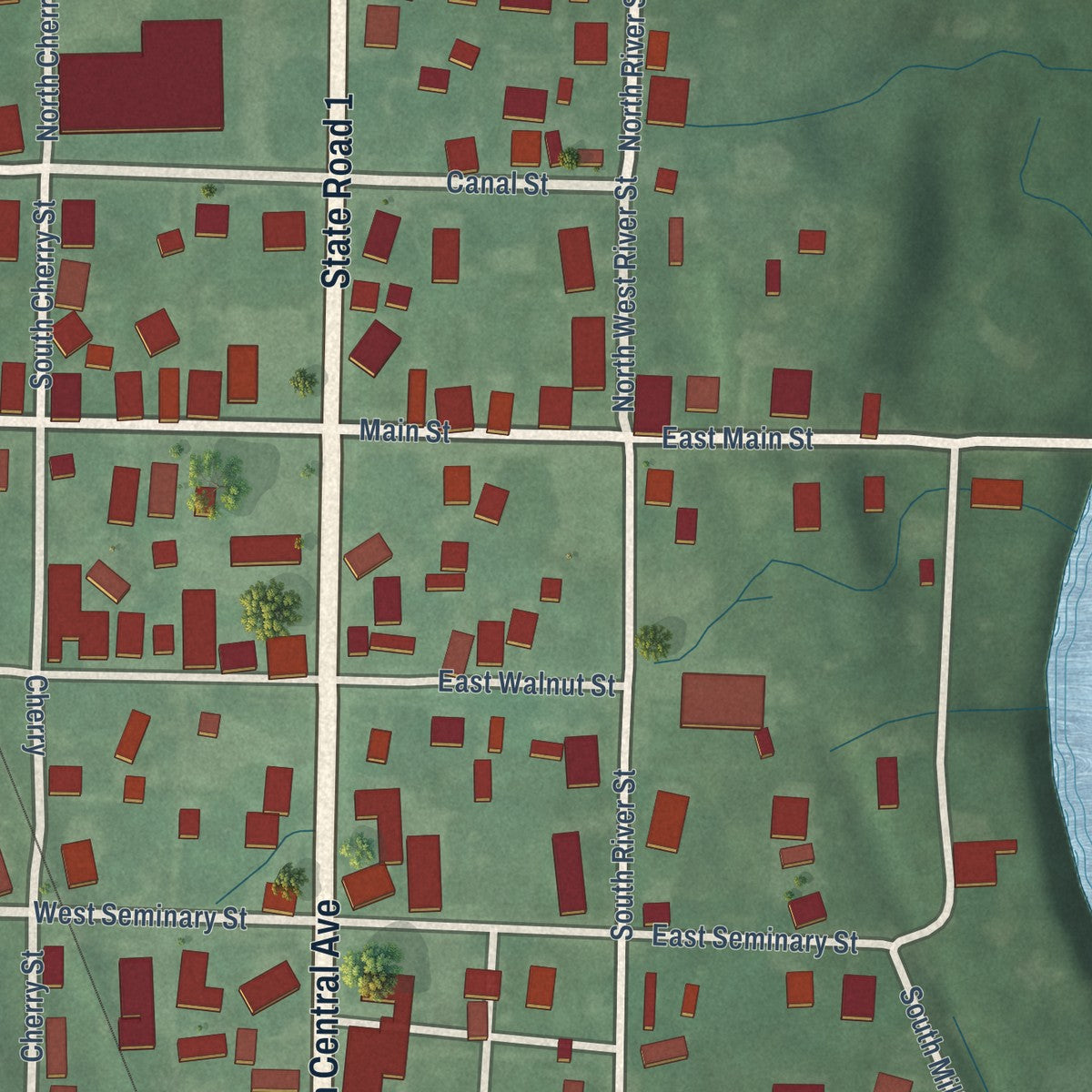 Close-up of the map of Milton, Indiana print showing street and building detail