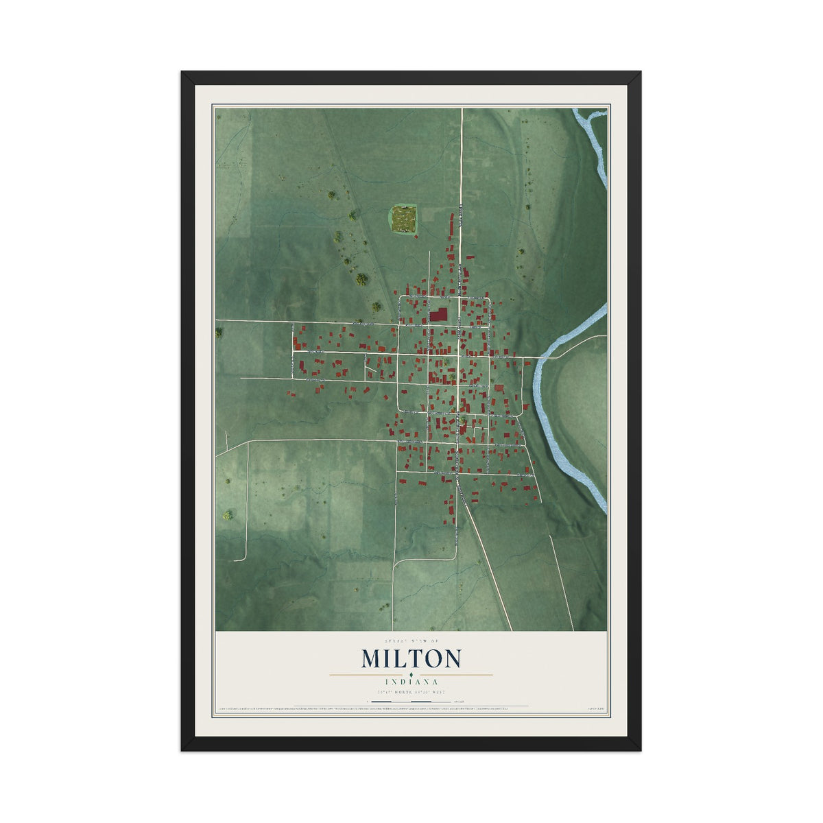 Map of Milton, Indiana, 12 x 18 inch print in a black wood frame